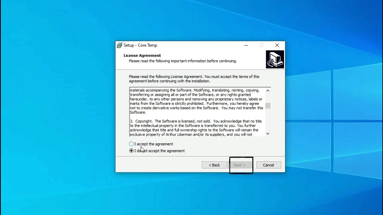 Core Temp installer license agreement screen