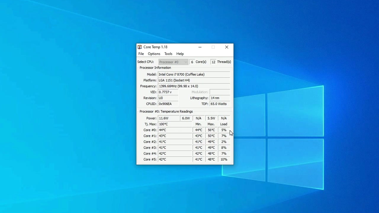 Core Temp main interface showing per-core temperature readings for an Intel processor